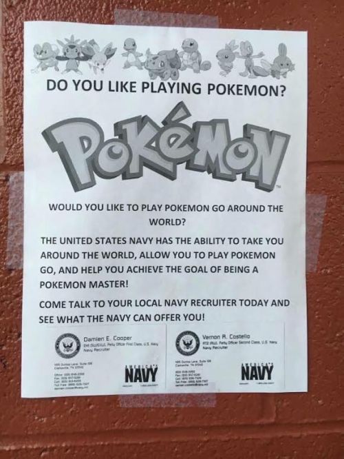 A post on social media shows an alleged poster by a Navy recruiter utilizing Pokemon Go.